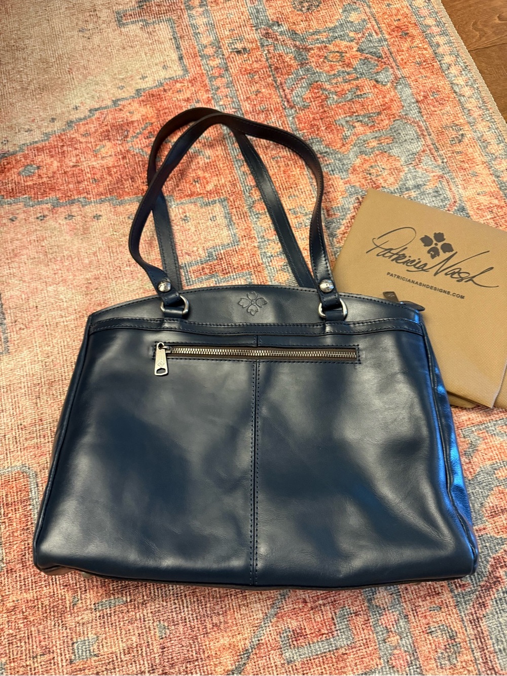 Patricia Nash Navy Leather Shoulder Tote with Exterior Zip Pocket
